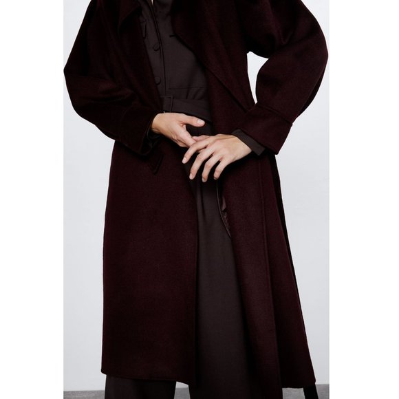 Zara Handmade Belted Wrap Wool Coat Wine - Picture 4 of 10